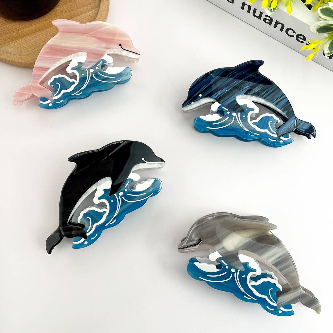 SSR Acetate Joyful Playful Jumping Dolphin & Waves Hair Claw Clip