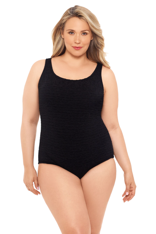 Penbrooke Krinkle Plus Size Chlorine Resistant Cross Back One Piece Swimsuit - Black