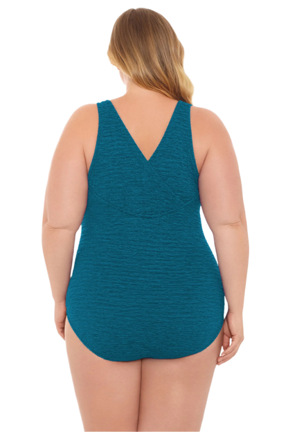 Penbrooke Krinkle Plus Size Chlorine Resistant Cross Back One Piece Swimsuit - Dark Teal Blue