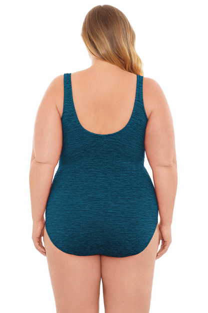Penbrooke Krinkle Plus Size Chlorine Resistant Cross Over One Piece Swimsuit - Dark Teal Blue