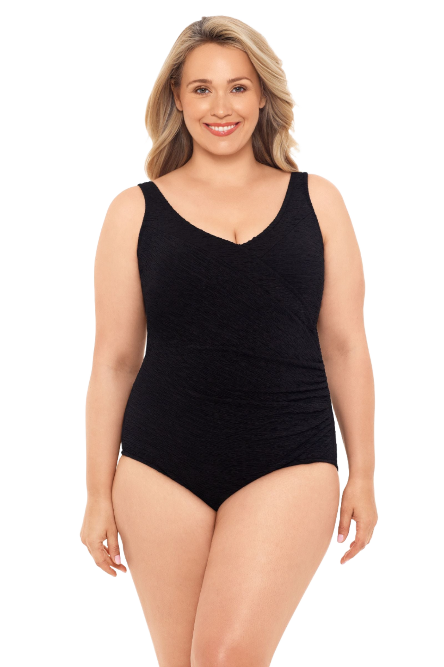 Penbrooke Krinkle Plus Size Chlorine Resistant Mock Surplice One Piece Swimsuit - Black