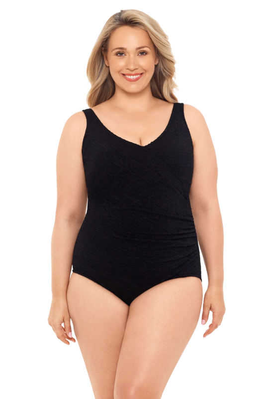 Penbrooke Krinkle Plus Size Chlorine Resistant Mock Surplice One Piece Swimsuit - Black