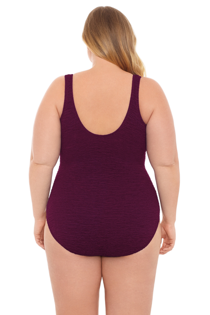 Penbrooke Krinkle Plus Size Chlorine Resistant Mock Surplice One Piece Swimsuit - Eggplant