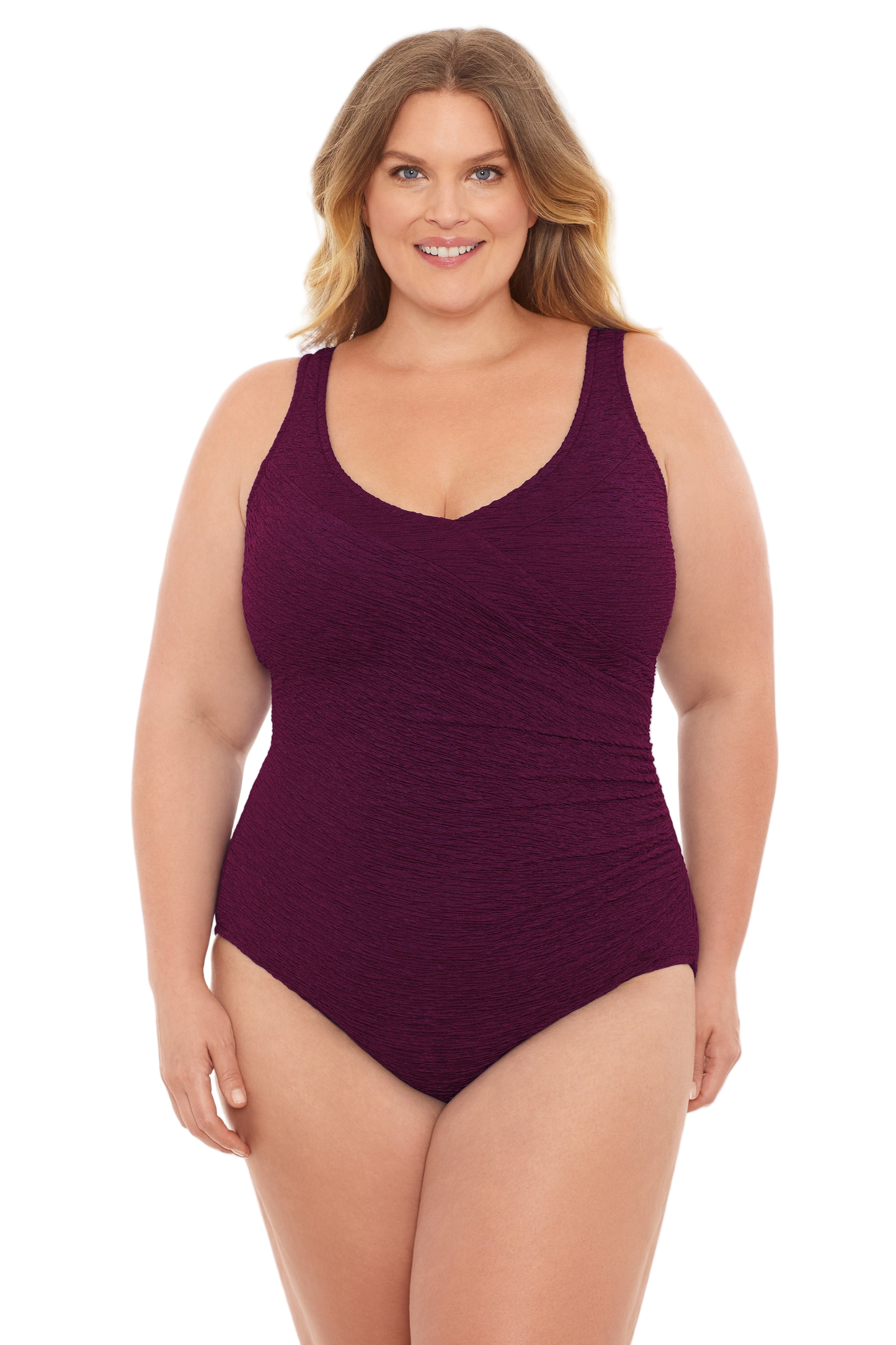 Penbrooke Krinkle Plus Size Chlorine Resistant Mock Surplice One Piece Swimsuit - Eggplant