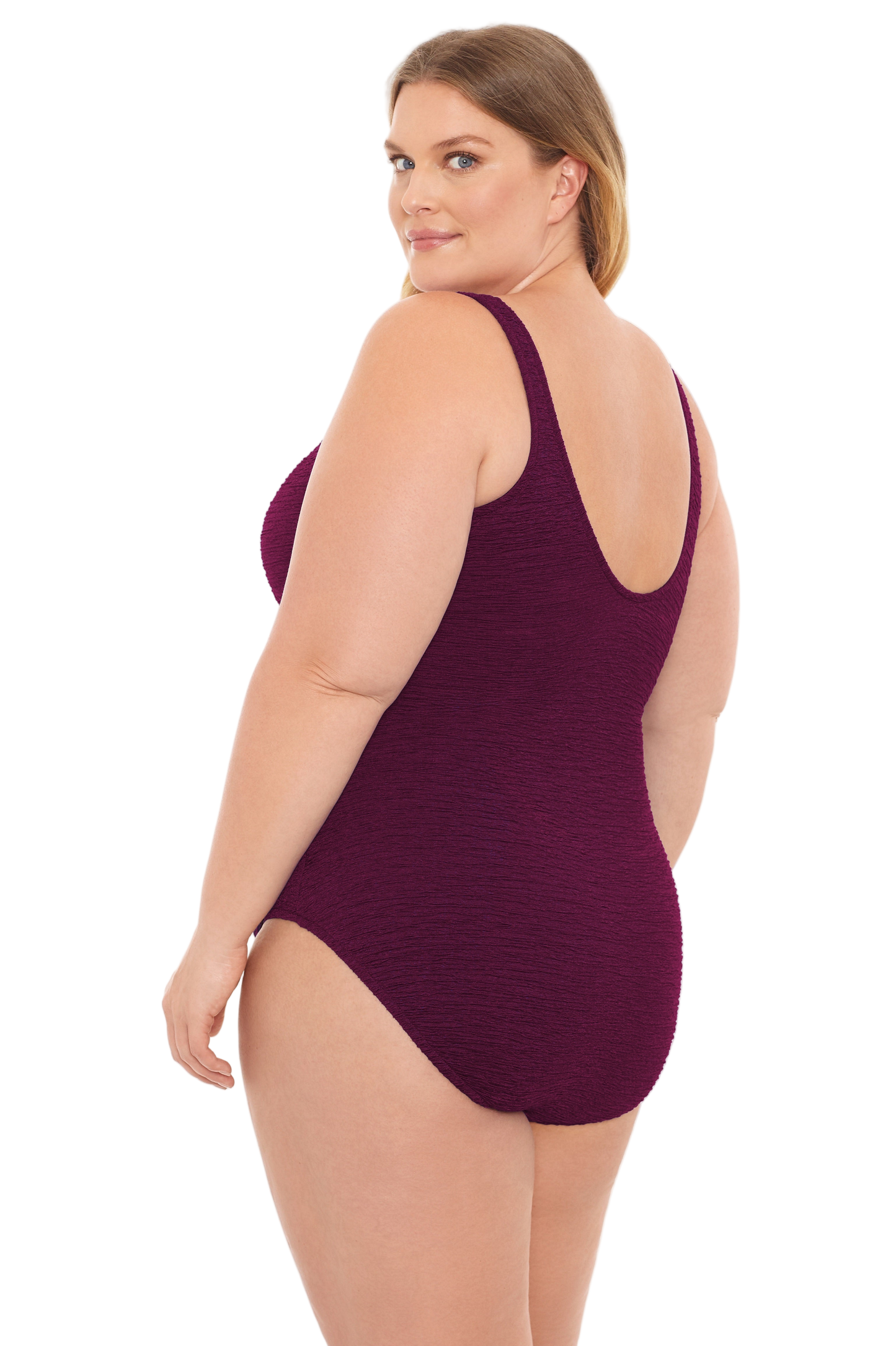 Penbrooke Krinkle Plus Size Chlorine Resistant Mock Surplice One Piece Swimsuit - Eggplant