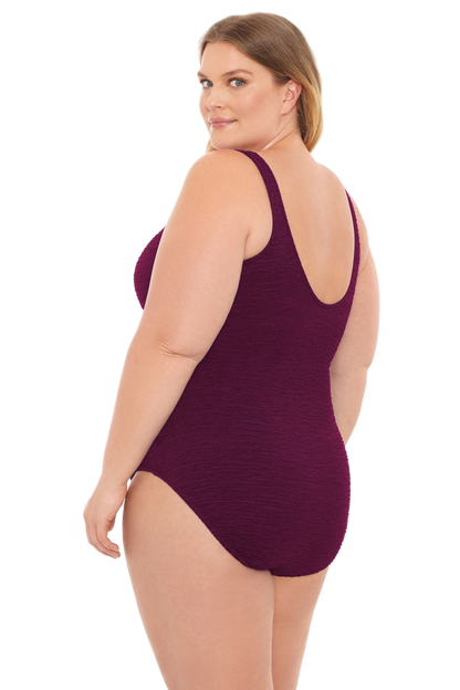 Penbrooke Krinkle Plus Size Chlorine Resistant Mock Surplice One Piece Swimsuit - Eggplant