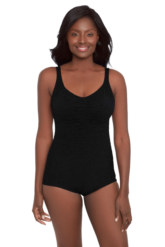 Penbrooke Krinkle Shirred Girl Leg Chlorine Resistant One Piece Swimsuit - Black