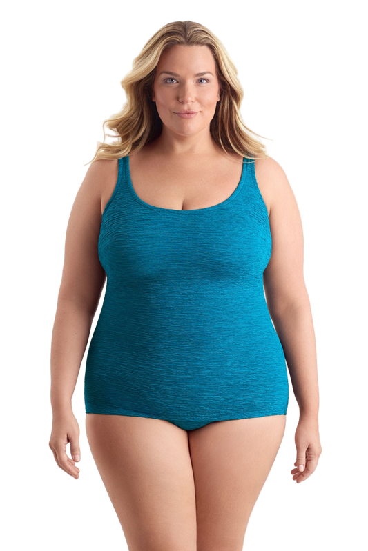 Penbrooke Krinkle Plus Size Sheath One Piece Scoop Neck Chlorine Resistant Swimsuit - Dark Teal Blue