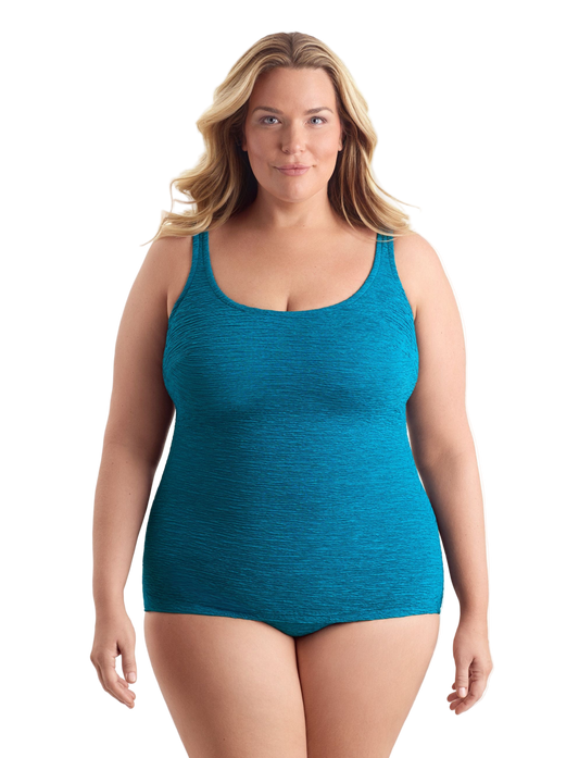 Penbrooke Krinkle Plus Size Sheath One Piece Scoop Neck Chlorine Resistant Swimsuit - Dark Teal Blue