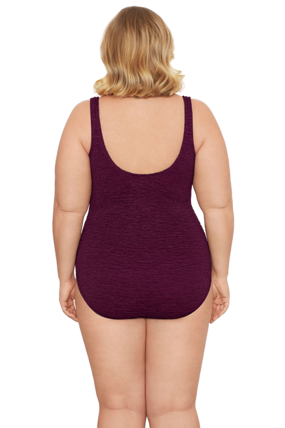 Penbrooke Krinkle Plus Size Sheath One Piece Scoop Neck Chlorine Resistant Swimsuit - Eggplant