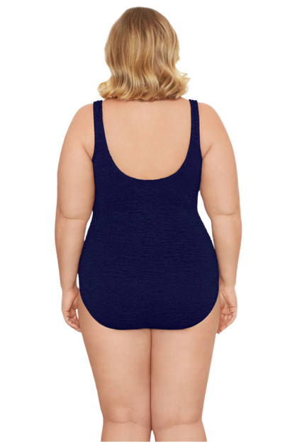 Penbrooke Krinkle Plus Size Sheath Scoop Neck Chlorine Resistant One Piece Swimsuit - Navy
