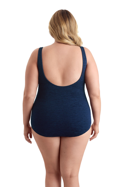 Penbrooke Krinkle Plus Size Sheath Scoop Neck Chlorine Resistant One Piece Swimsuit - Navy