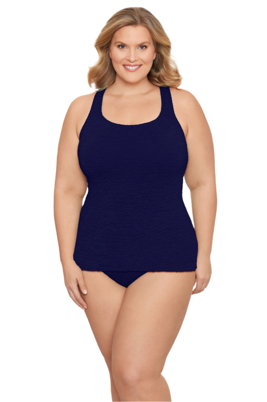 Penbrooke Krinkle Plus Size Sheath Scoop Neck Chlorine Resistant One Piece Swimsuit - Navy