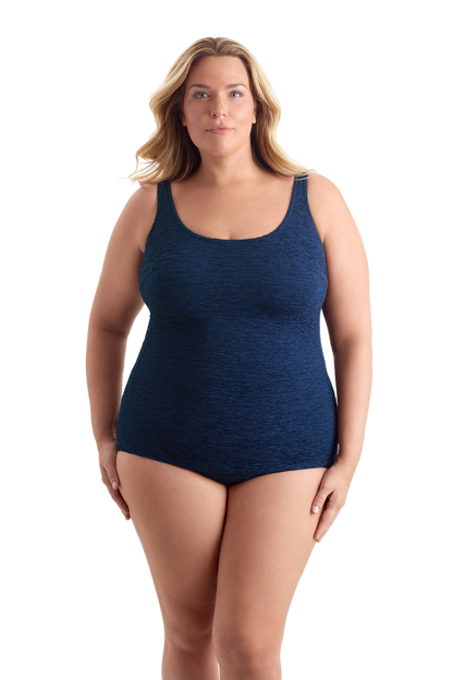 Penbrooke Krinkle Plus Size Sheath Scoop Neck Chlorine Resistant One Piece Swimsuit - Navy