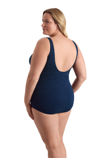 Penbrooke Krinkle Plus Size Sheath Scoop Neck Chlorine Resistant One Piece Swimsuit - Navy