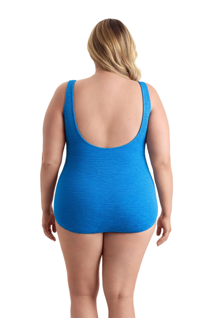 Penbrooke Krinkle Plus Size Sheath Scoop Neck Chlorine Resistant One Piece Swimsuit - Sea Blue