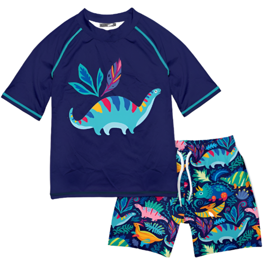 Millie Loves Lily Boys Short-Sleeve Rashguard Swimsuit -  Navy Dino