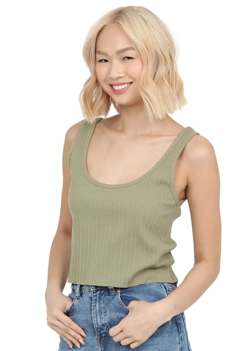 Angie Rib Knit Scoop Neck Tank Top - Sage