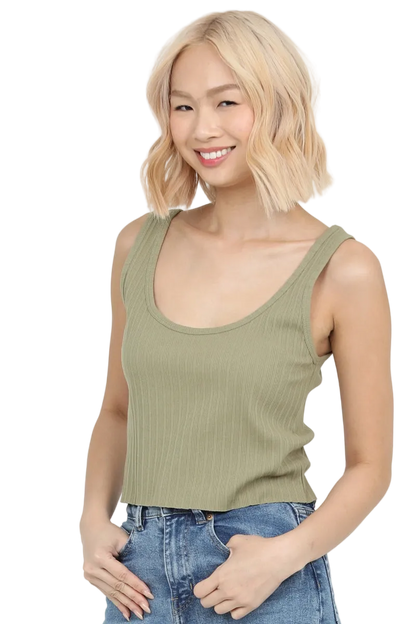 Angie Rib Knit Scoop Neck Tank Top - Sage - FINAL SALE