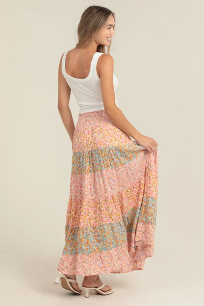 Angie Mixed Print Tiered A Line Maxi Skirt - Pink - FINAL SALE