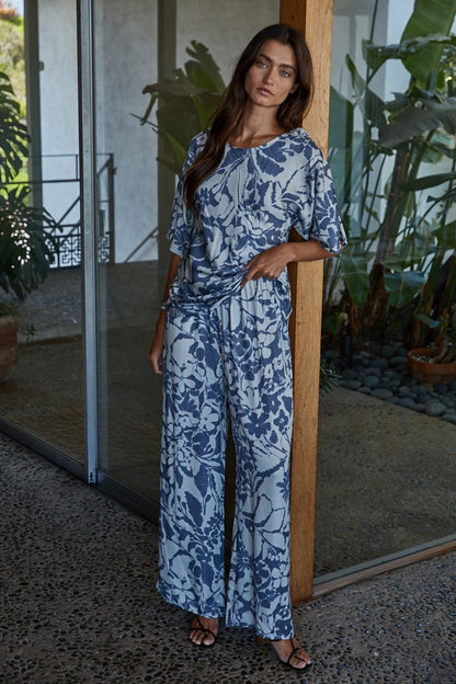 By Together Woven Rayon Floral Print Wide Pants - Blue Floral - FINAL SALE