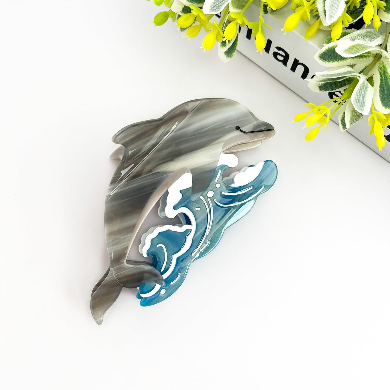 SSR Acetate Joyful Playful Jumping Dolphin & Waves Hair Claw Clip - Gray