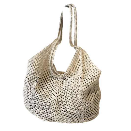 SSR Knitted Hollow Woven Shoulder Beach Bag Tote - Beige