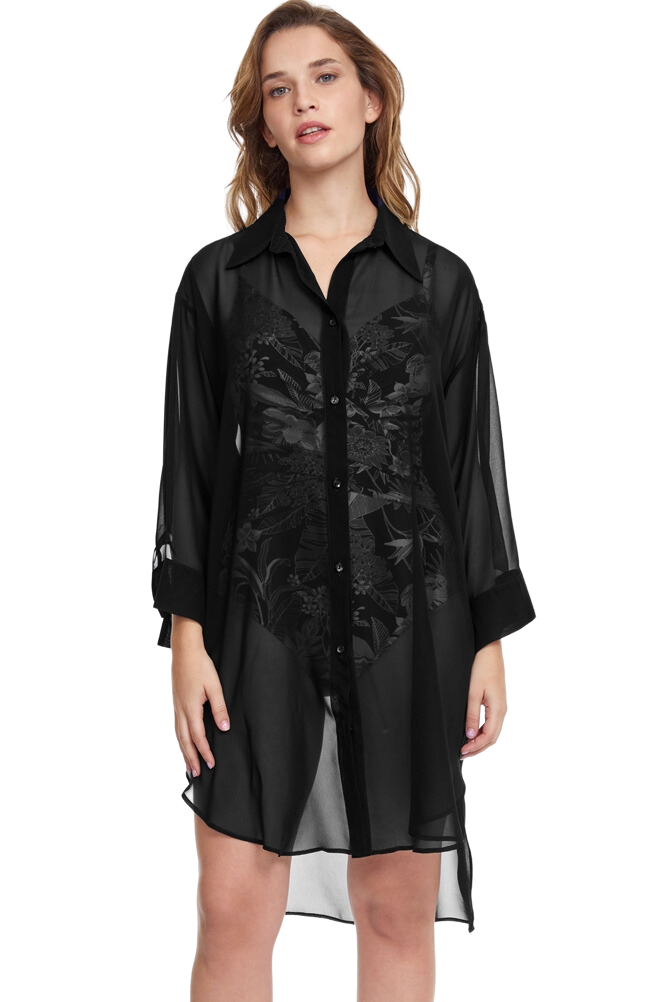 Gottex Tutti Frutti Button Front Blouse Coverup - Black - FINAL SALE