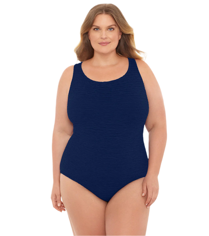 Penbrooke Krinkle Plus Size Chlorine Resistant Cross Back One Piece Swimsuit - Navy