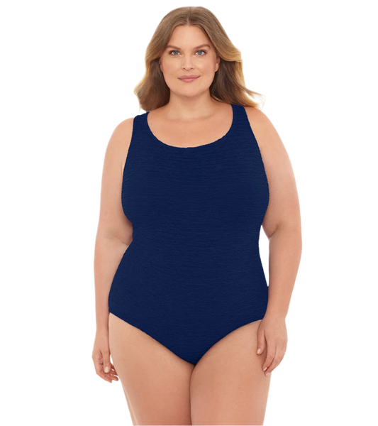 Penbrooke Krinkle Plus Size Chlorine Resistant Cross Back One Piece Swimsuit - Navy