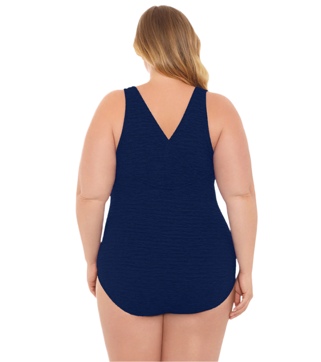 Penbrooke Krinkle Plus Size Chlorine Resistant Cross Back One Piece Swimsuit - Navy