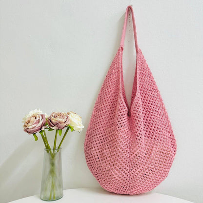SSR Knit Hollow Braided Shoulder Beach Bag Tote - Pink