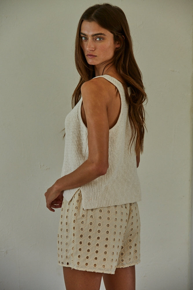 By Together Cotton V-Neck Sleeveless Knit Tank Top - Cream