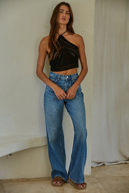 By Together Knit Sweater Acrylic Crochet Halter Tie Crop Top - Black - FINAL SALE