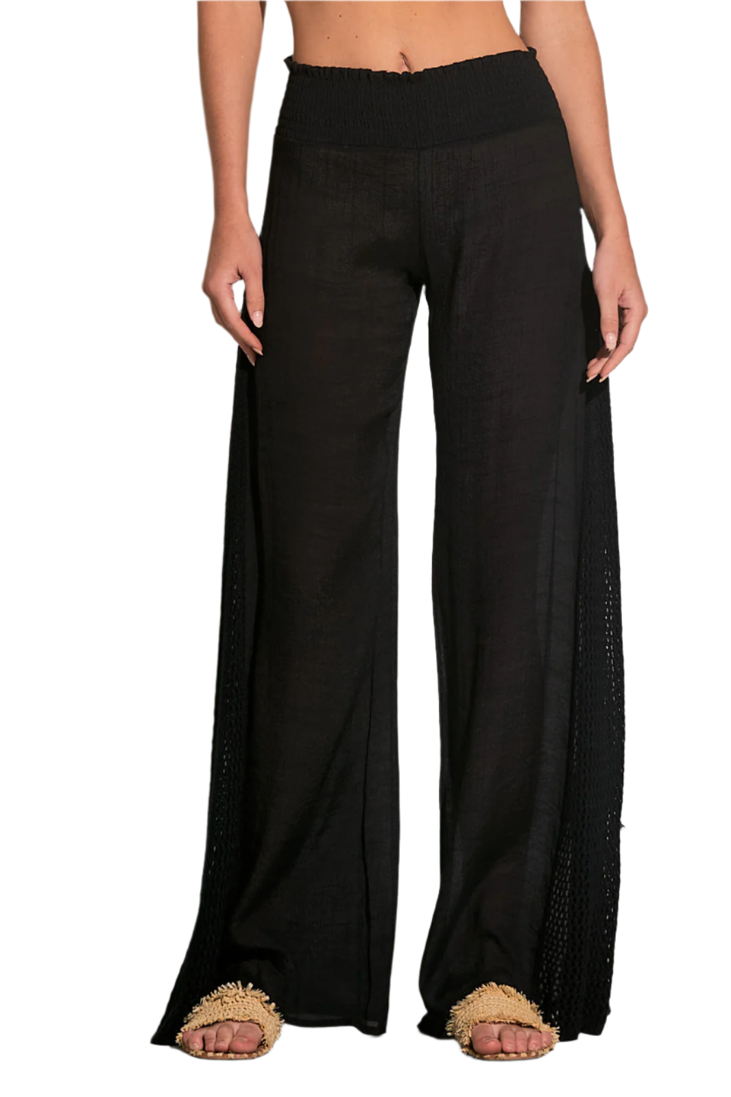 Elan Crochet Panel Wide Leg Pants - Black