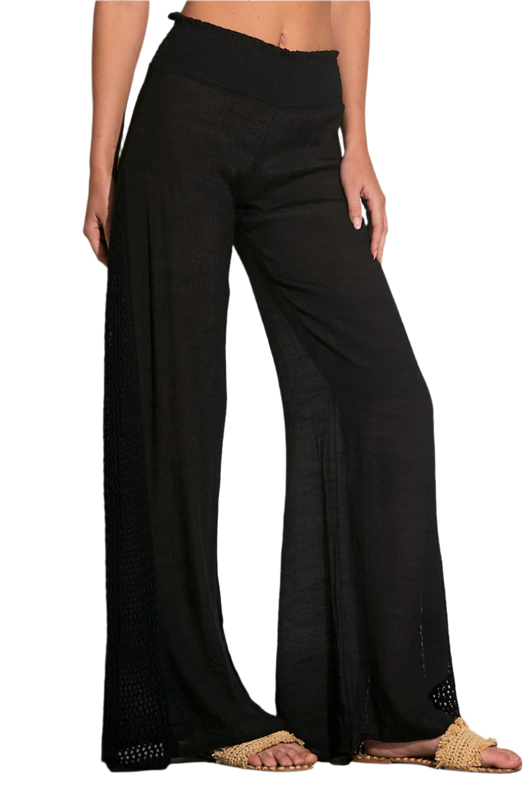 Elan Crochet Panel Wide Leg Pants - Black