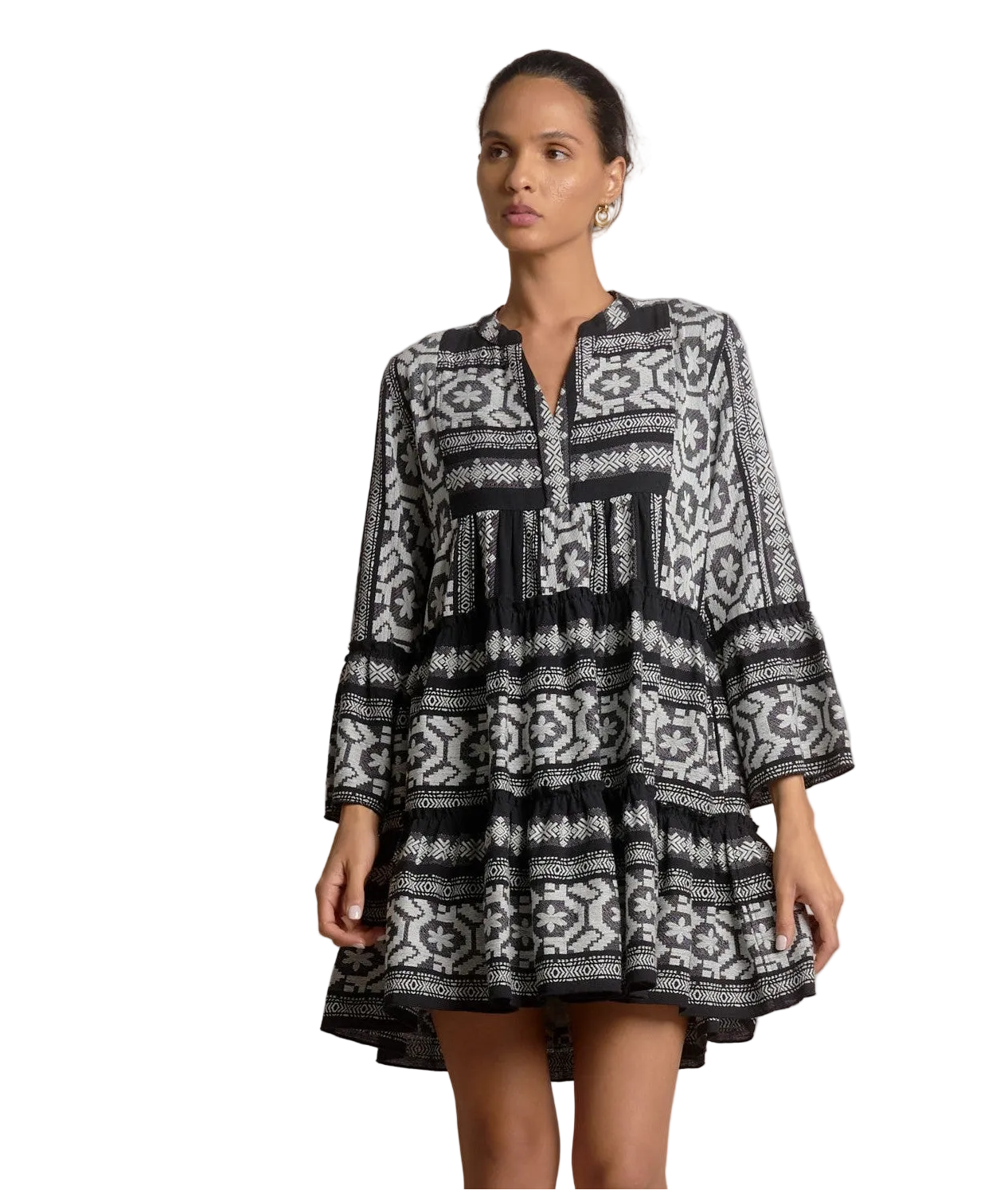 Elan Long Sleeve A-Line Short Dress - Black/White