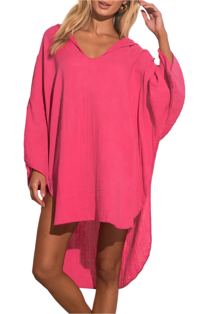 Elan Cotton V-Neck Hoodie Coverup - Hot Pink - FINAL SALE