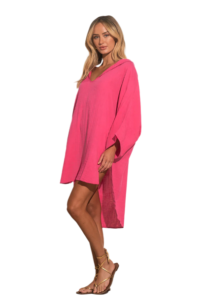 Elan Cotton V-Neck Hoodie Coverup - Hot Pink - FINAL SALE
