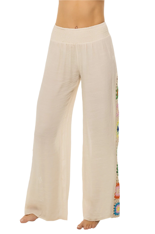 Elan Crochet Panel Wide Leg Pants - Natural