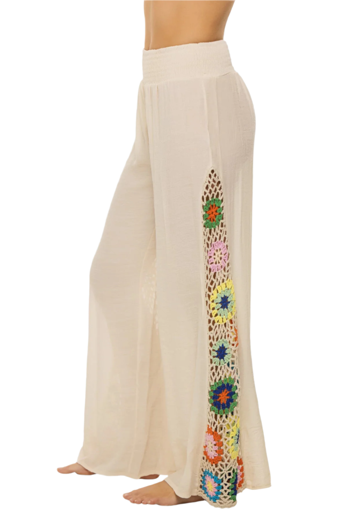 Elan Crochet Panel Wide Leg Pants - Natural