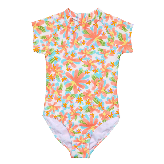 Snapper Rock Girls Short Sleeve Surf Suit - Hawaiian Luau