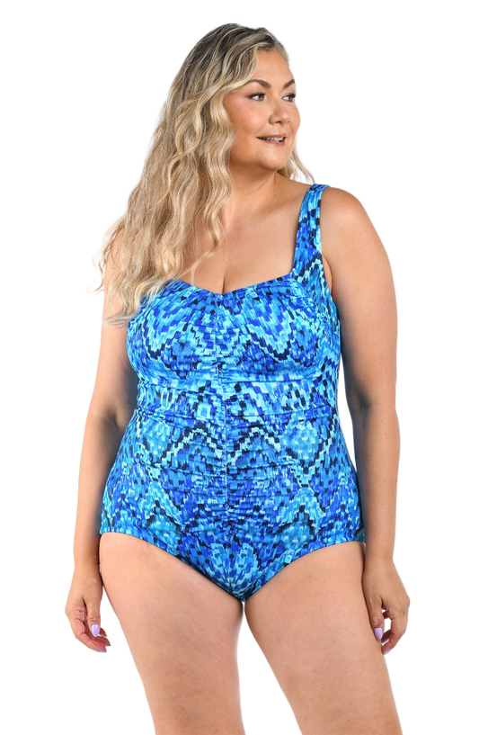 Maxine Of Hollywood Plus Printed Spa Shirred Front Girl Leg One Piece - Artisan