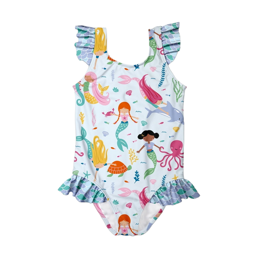 Millie Loves Lily Girls Ruffle-Accent One-Piece - Ice Blue Mermaid