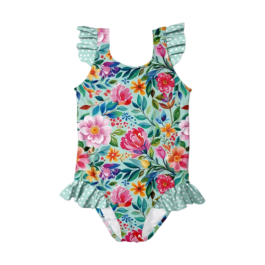 Millie Loves Lily Girls Ruffle-Accent One-Piece Swimsuit - Mint Becky Floral