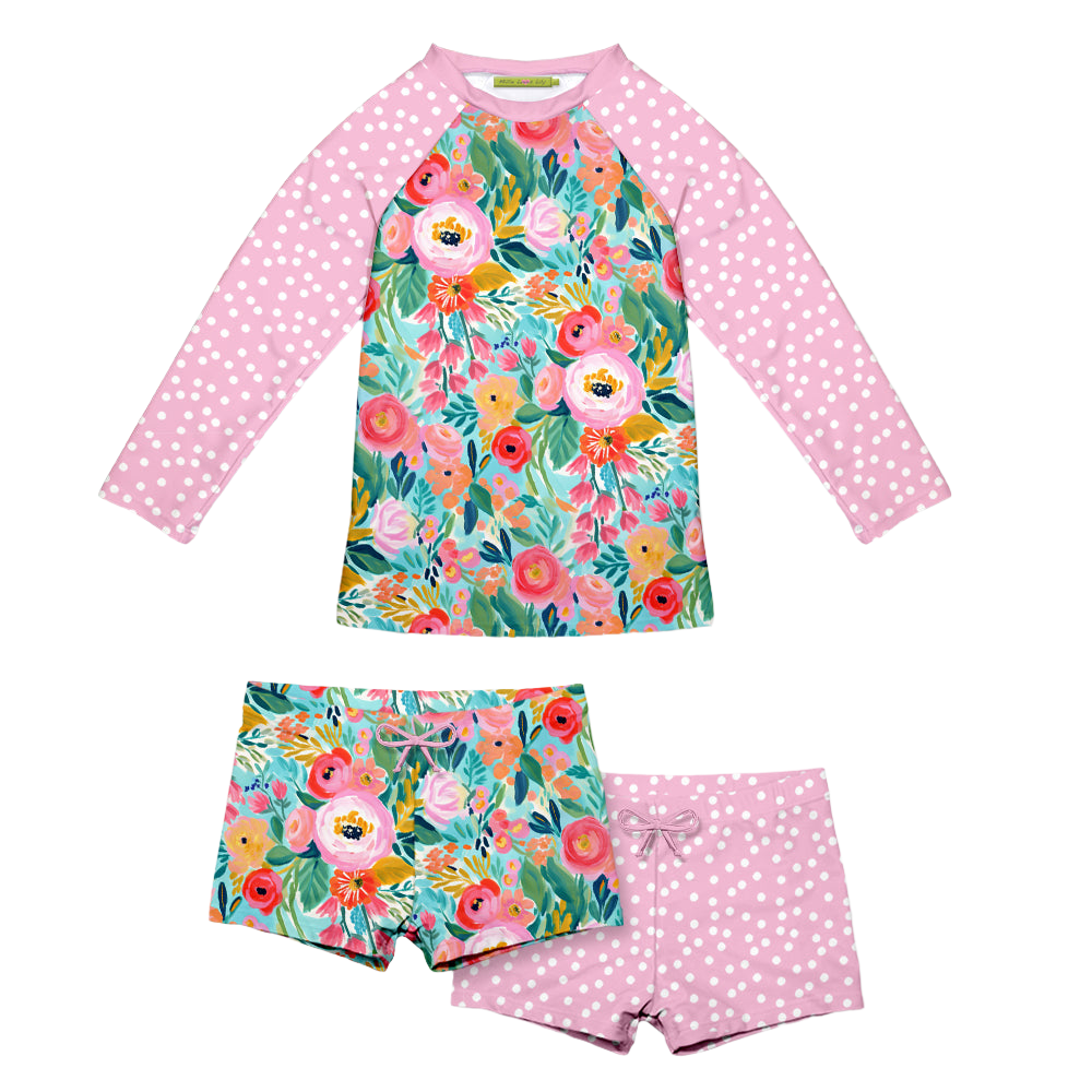 Millie Loves Lily Girls Swim Long-Sleeve 3-PC Rashguard Set - Pink Painted Flower