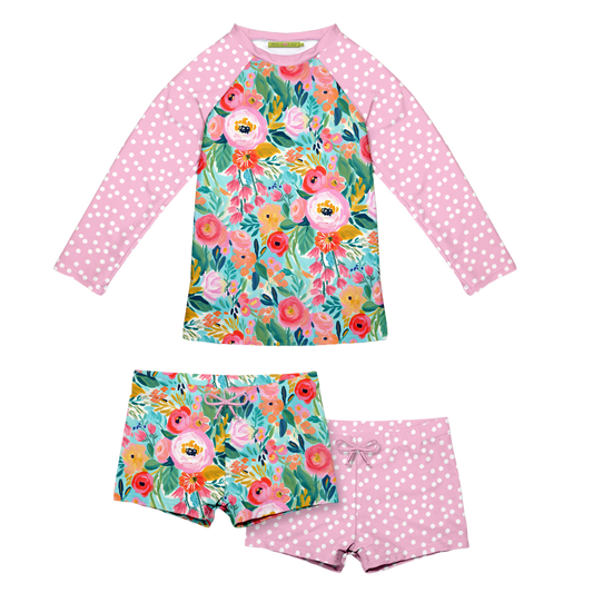 Millie Loves Lily Girls Swim Long-Sleeve 3-PC Rashguard Set - Pink Painted Flower