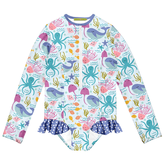 Millie Loves Lily Girls Swim One-Piece Rashguard - Ice Blue Sea Creatures