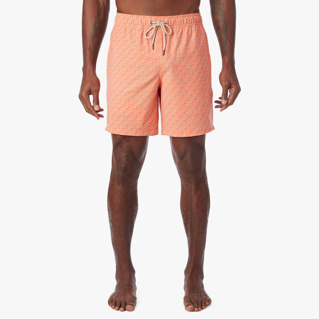 Fair Harbor Men's The Bayberry Swim Trunk Boardshorts - Orange Sea Squares