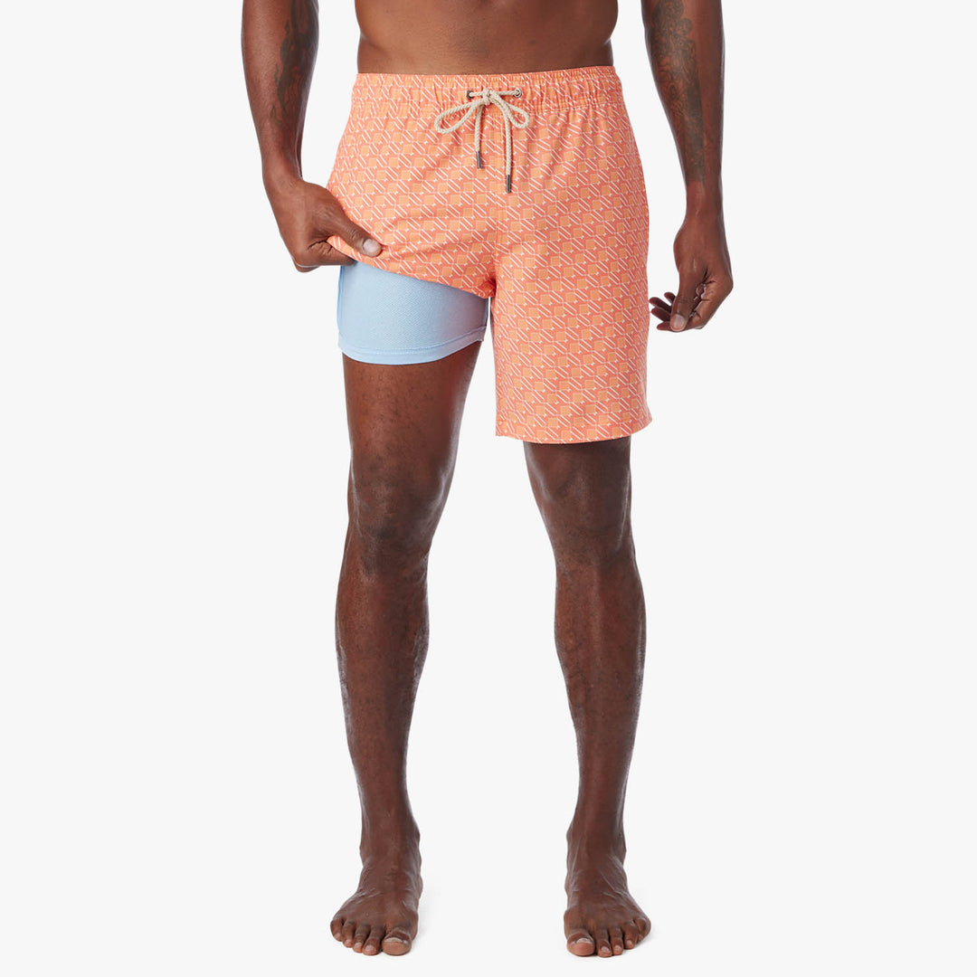 Fair Harbor Men's The Bayberry Swim Trunk Boardshorts - Orange Sea Squares